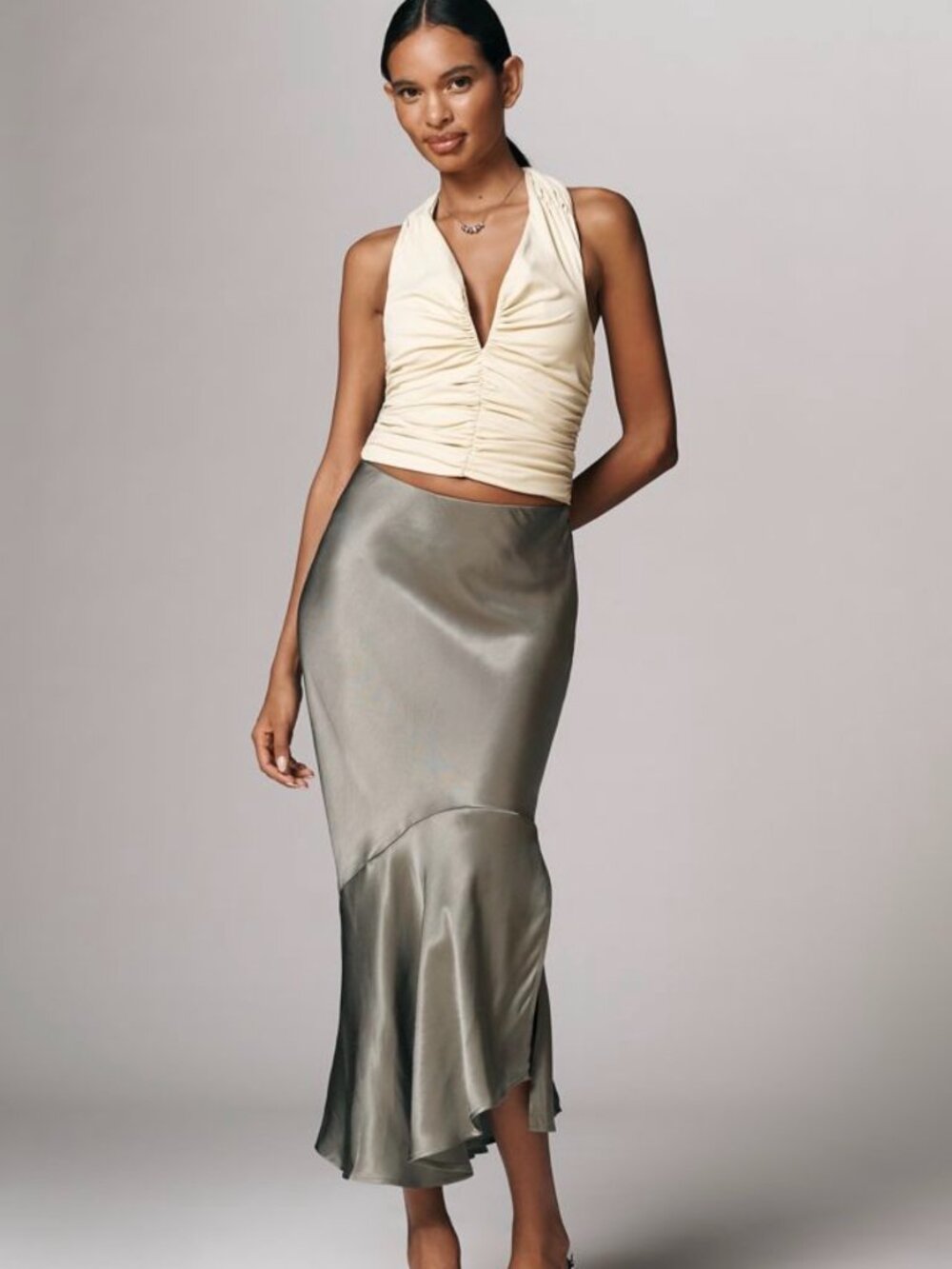 Anthropologie Maeve Satin Asymmetric Midi Skirt Cool Olive Size L
